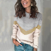 New Color Blocked Patchwork Knit Sweater with Round Neck and Shoulder Sleeves for Women - MyEmpired