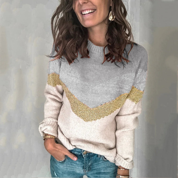 New Color Blocked Patchwork Knit Sweater with Round Neck and Shoulder Sleeves for Women - MyEmpired