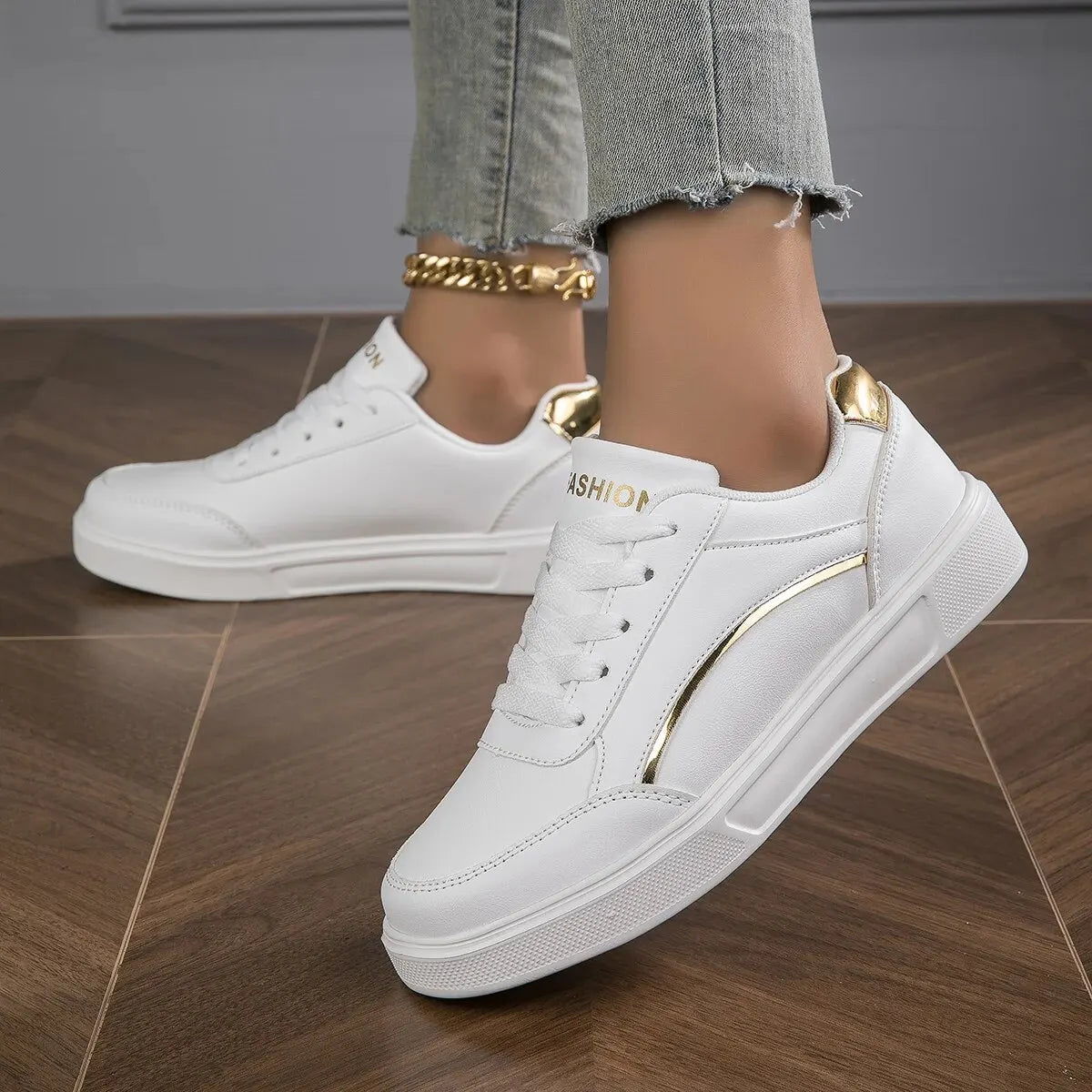 Women's Shoes Trendy Faux Leather Flat Heighten Skate Shoes, Wear Resistance Non Slip Lace Up Sneakers