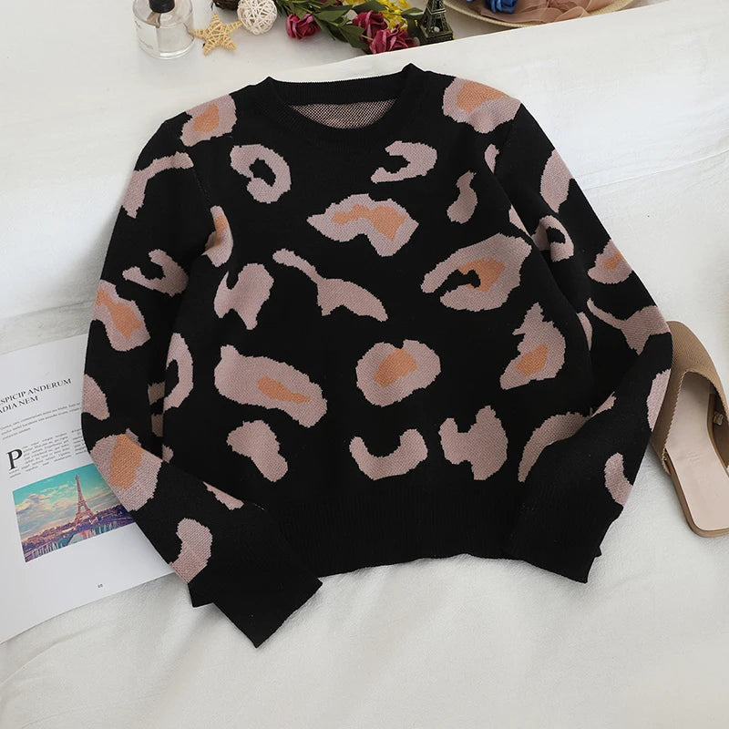 Pink Women Leopard Knitted Sweater Winter Animal Print Thick Long Sleeve O-neck Female Pullovers Casual Tops 2024 New Arrival