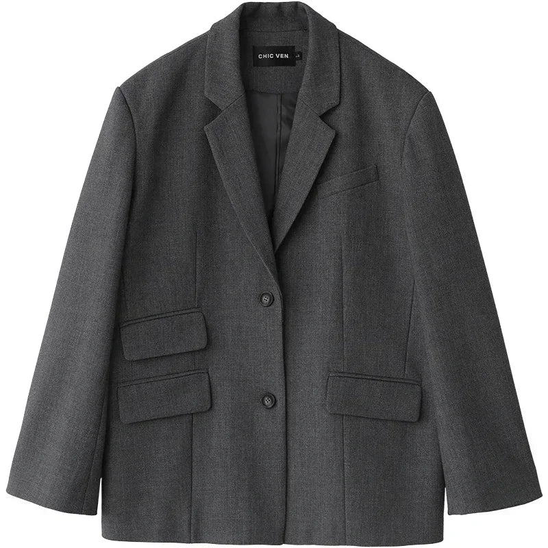 CHICVEN Women Office Lady Blazer Cuff Embroidery Wide Shoulder Twill Suit Women&