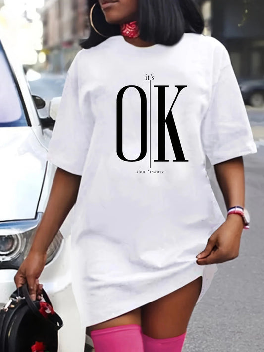 Women's summer casual It's OK don't Worry print lip print print loose size round neck short sleeved T-shirt dress