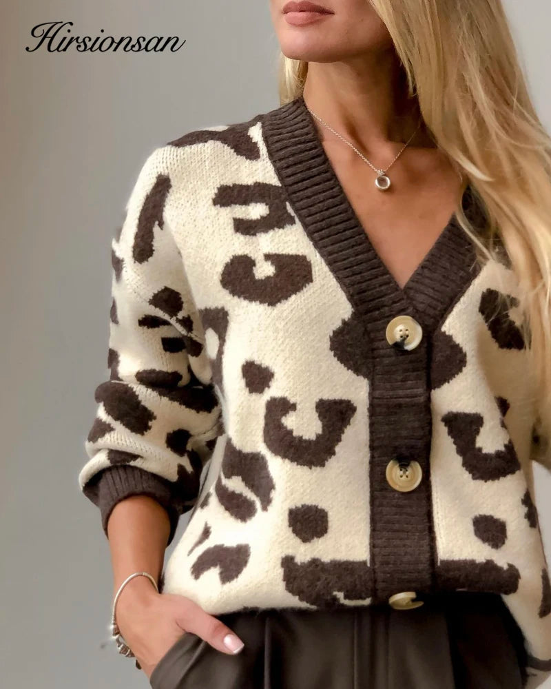 Hirsionsan Soft Knitted Leopard Cardigan Women 2023 Autumn New V Neck Y2k Crop Female Sweater Oversized Warm Ladies Clothes