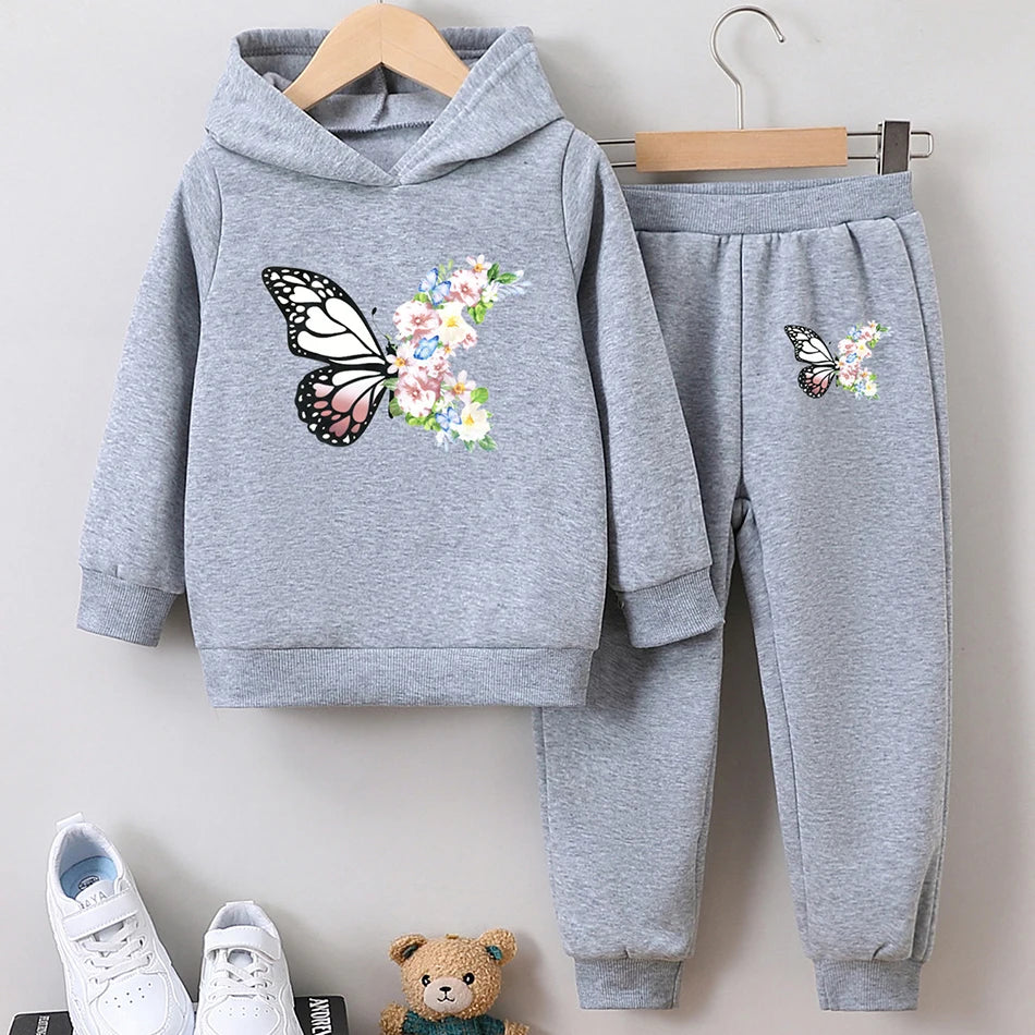 Cute and Comfy Girls Hoodie and Plush Lined Long Pants Set Delicate Butterfly Pattern Autumn and Winter Fashion Children Sets