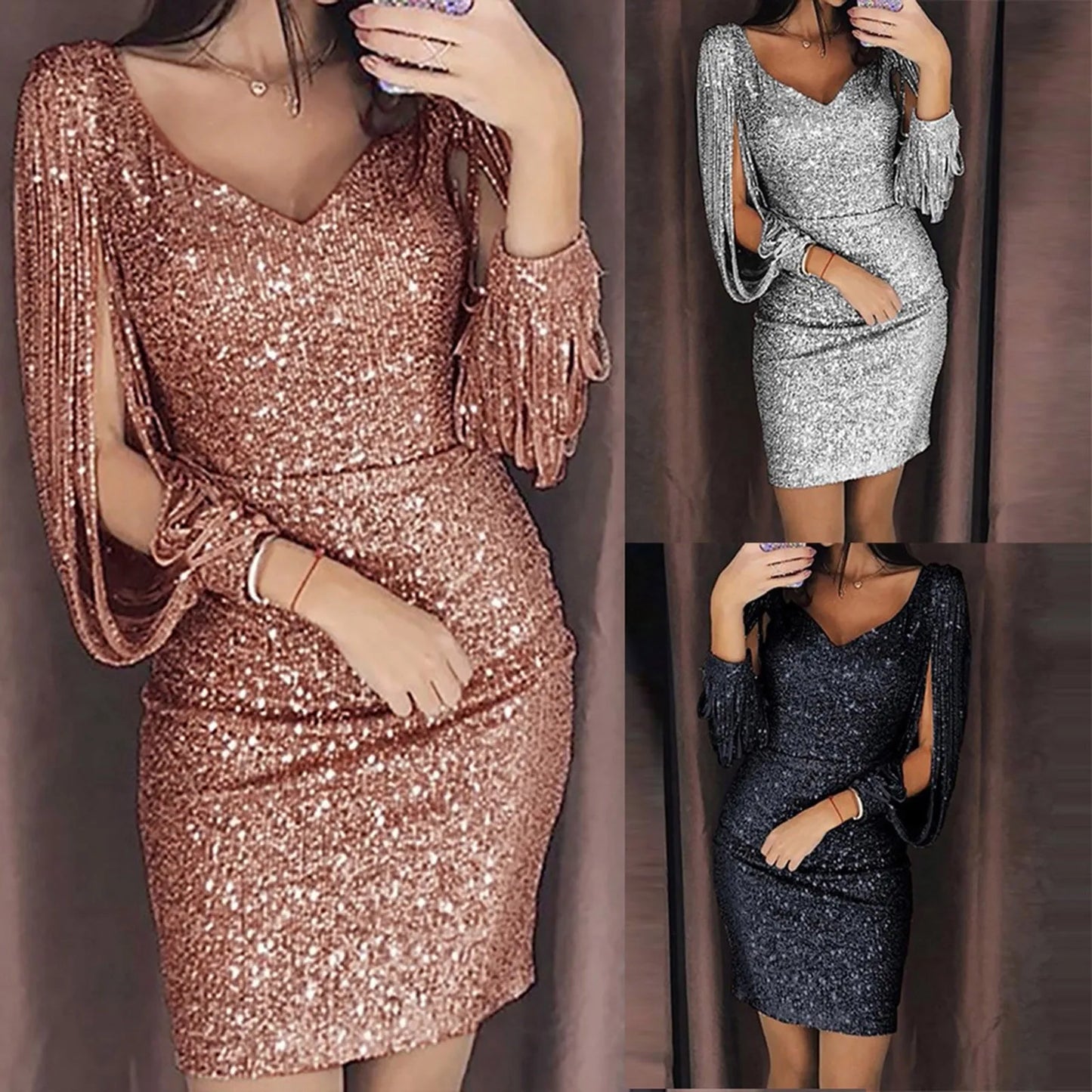 Sexy Sequin Tassel Long Sleeve Dress