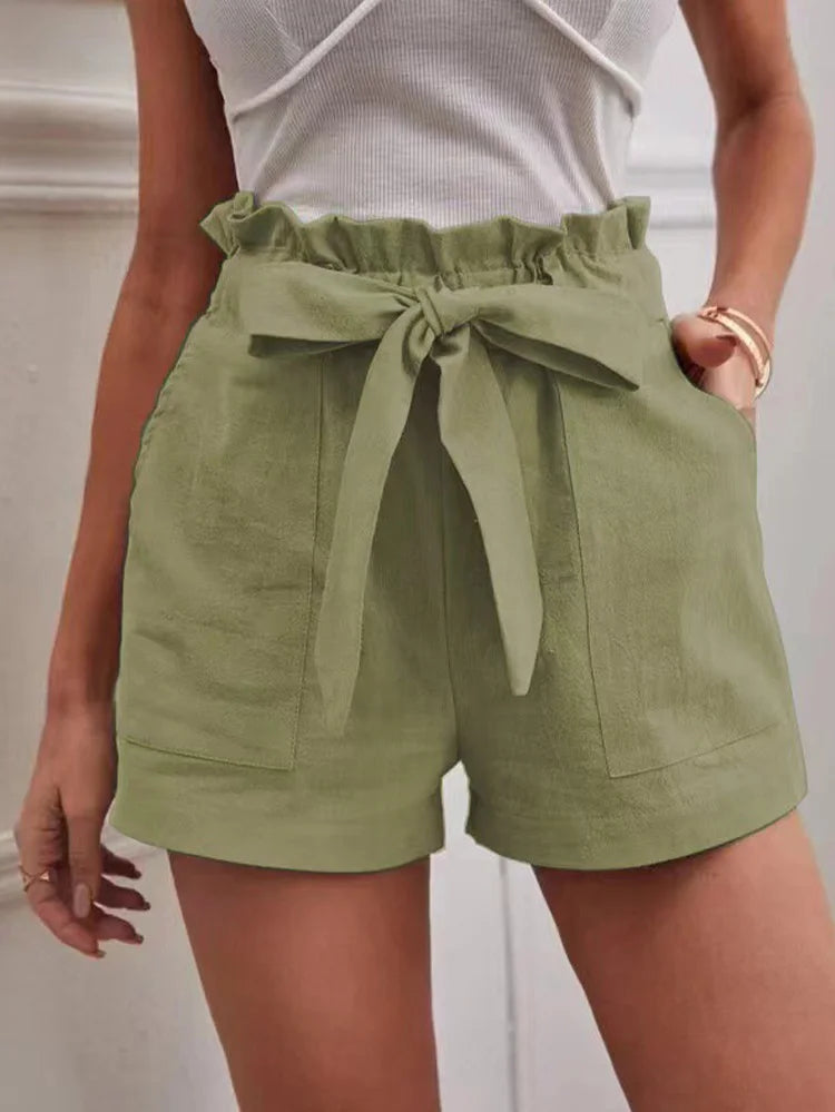Stylish Solid Color White Shorts Women Pocket Drawstring Casual short Pants Summer Daily Pants - MyEmpired
