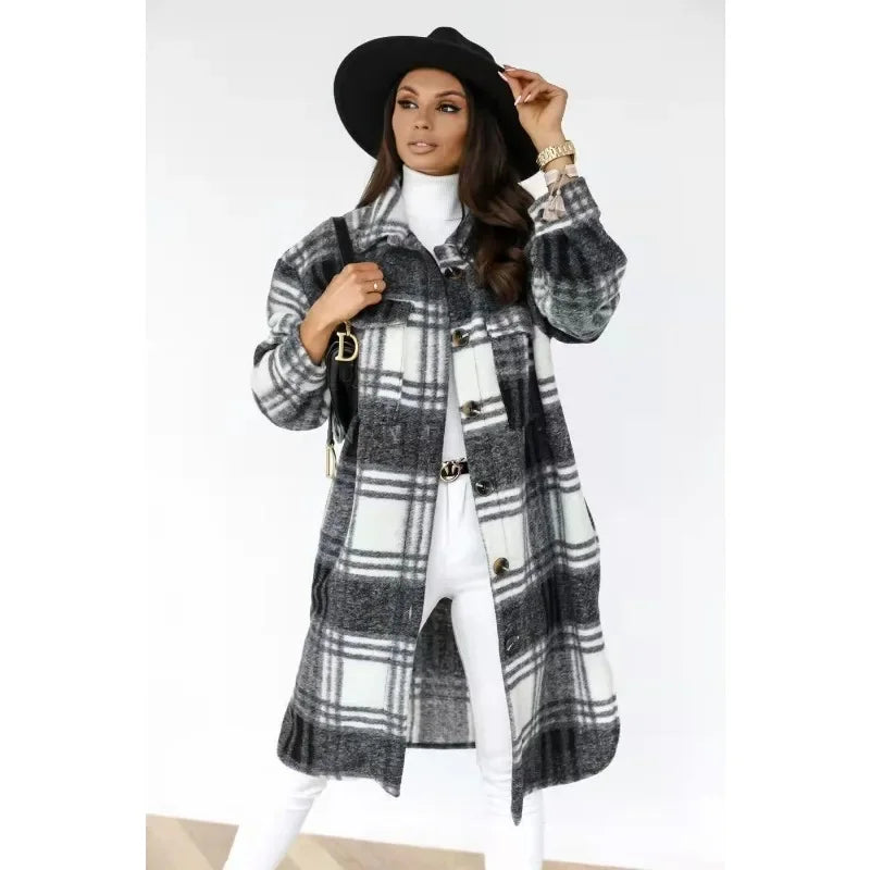 Medium and Long Woolen Coat Jackets Spring and Autumn Shirt Wool Coats Women's Plaid Polished Long Sleeve Pockets Blends Outwear