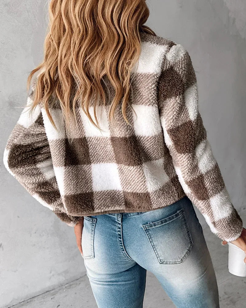 New Independent Design Retro Versatile Long Sleeved Single Breasted Spring And Autumn Maillard Color Checkered Plush Short Jacke