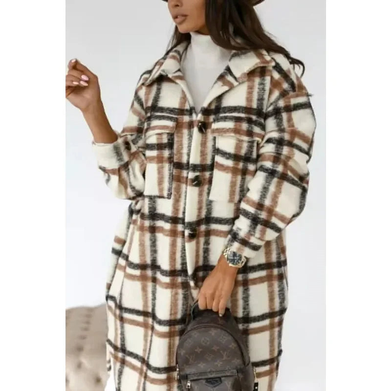 Medium and Long Woolen Coat Jackets Spring and Autumn Shirt Wool Coats Women's Plaid Polished Long Sleeve Pockets Blends Outwear