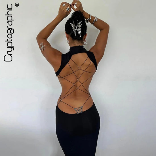 Cryptographic Sexy Backless Bandage Butterfly Detail Long Dress Club Party Summer Sleeveless Maxi Dresse Elegant Outfits Robe - MyEmpired