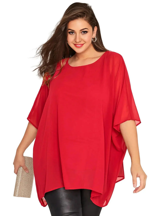 Womens Plus Size Elegant Summer Blouse Batwing Sleeve Oversized Chiffon Blouse Scoop Neck Large Size Casual Tunic Top Shirt 6XL - MyEmpired