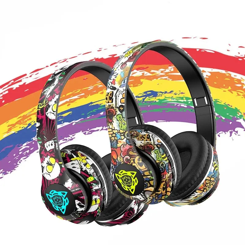 Graffiti Foldable Bluetooth Headphones Llluminated Wireless Noise Canceling Bass Headset Game Earphone With Mic For Kids Gifts