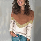 New Color Blocked Patchwork Knit Sweater with Round Neck and Shoulder Sleeves for Women - MyEmpired