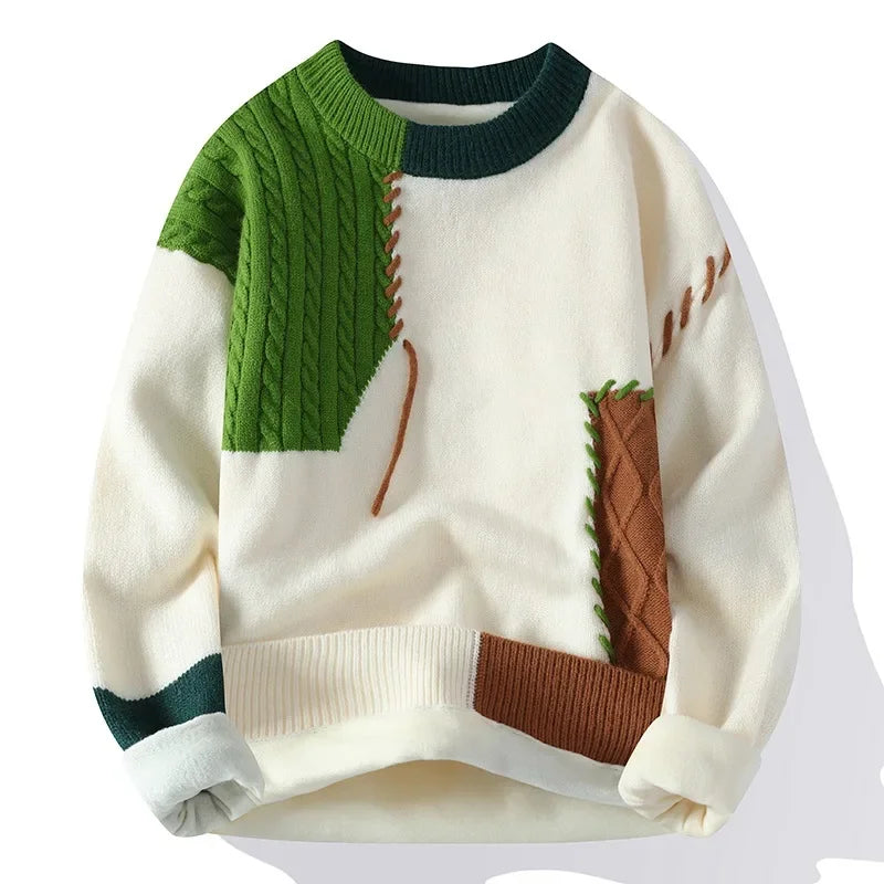 Men's Winter Casual Unique Design Color Blocking Sweater Knitted Top Fleece-lined Thickened Warm Woolen Coat