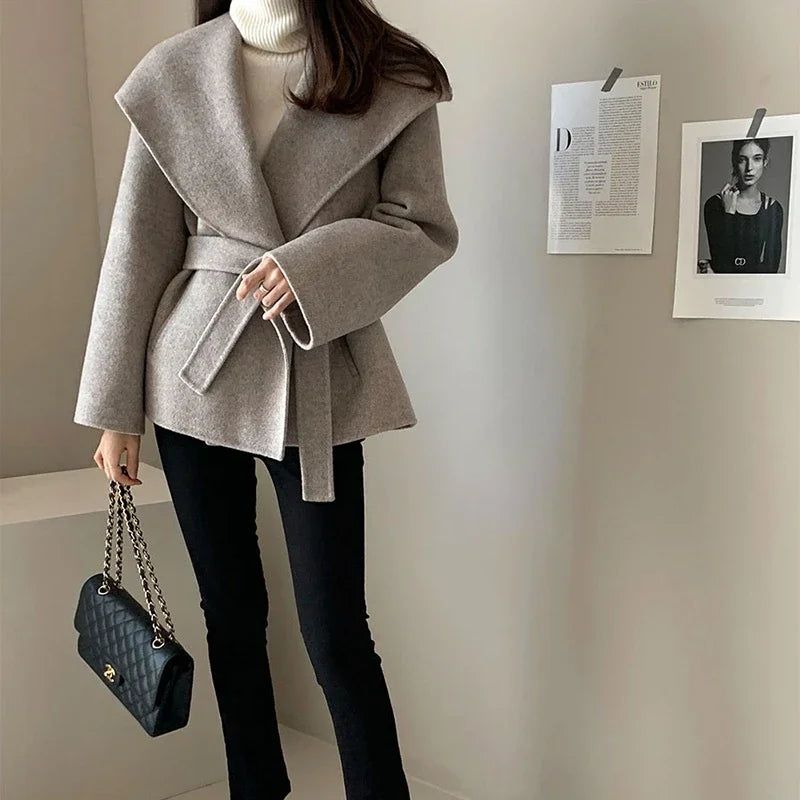 MEXZT Elegant Wool Blends Coats Women Black Bandage Woolen Jackets Winter Ladies Commute Outerwear Korean Fashion Overcoat New