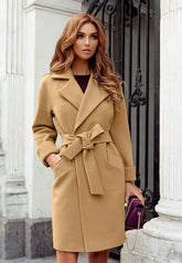 Temperament Elegant Slim Woolen Coat Women Fashion Solid Color Lapel Leace-up Bodycon Midi Woolen Coats Female Autumn Winter New - MyEmpired