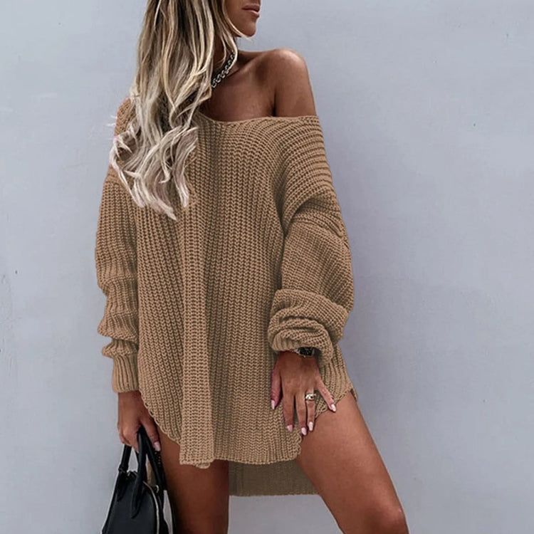 Women Oversize Sweater Solid Color Drop Shoulder Long Sleeves Long Sweater New Knitting V Neck Fashion Sexy Sweater Autumn - MyEmpired