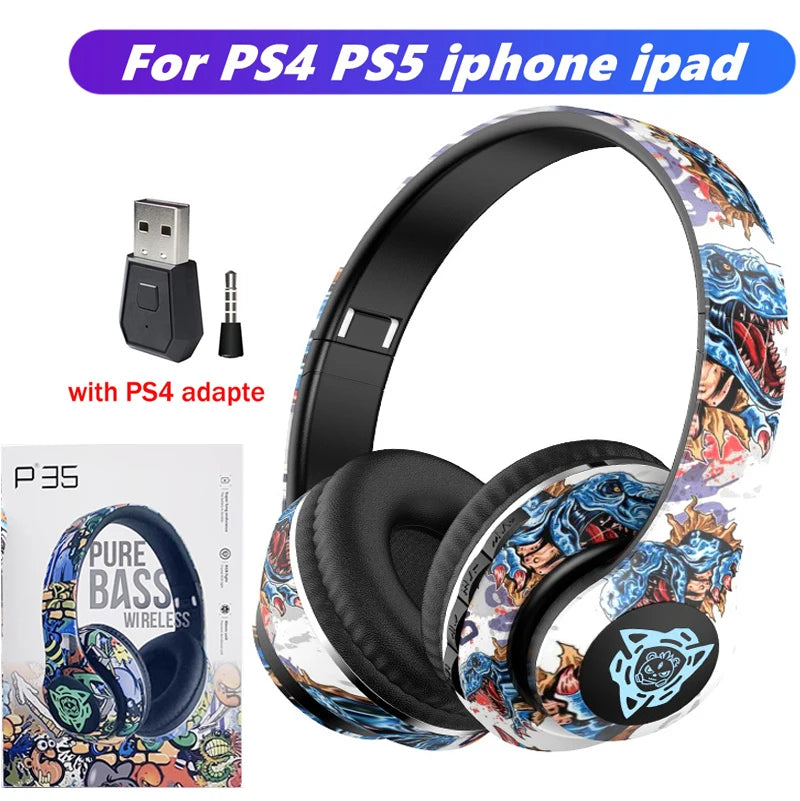 LED Graffiti Foldable Wireless Bluetooth Headphones Noise Canceling Super Bass Headsets Gamer Earphones Support TF With HD Mic