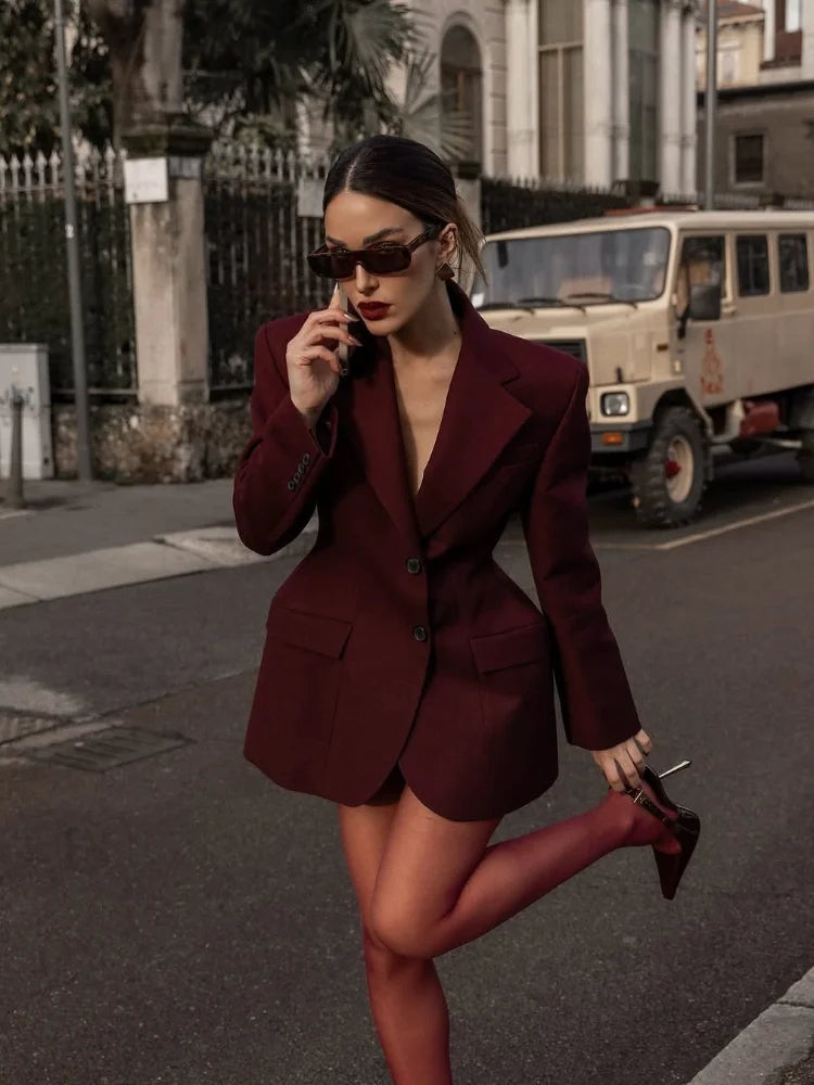 Woman Elegant Solid Cinch Waist Fitted Blazer Chic Lapel V Neck Long Sleeved Buttons Jackets Fashion Female High Streetwear 2025