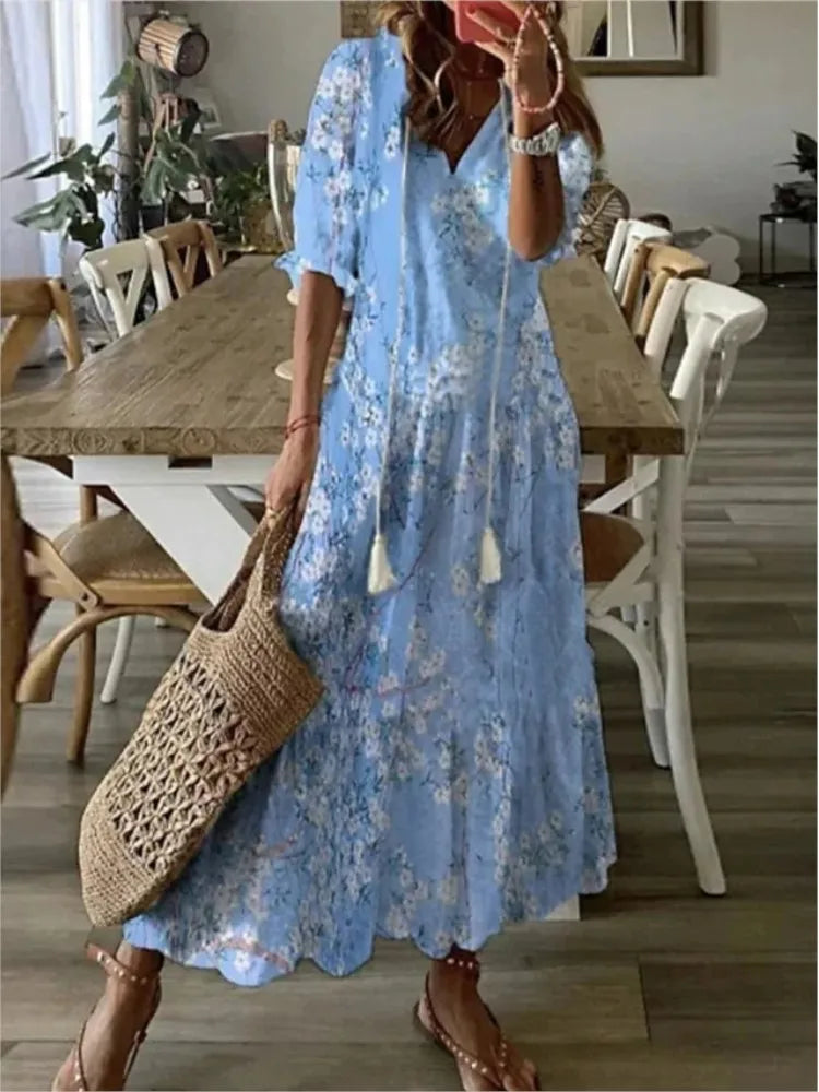 Spring Summer New 2024 Women's Casual Sweet Loose Sexy V-neck Drawstring Fashionable Printed Long Sleeved Dress