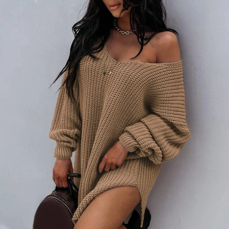 Women Oversize Sweater Solid Color Drop Shoulder Long Sleeves Long Sweater New Knitting V Neck Fashion Sexy Sweater Autumn - MyEmpired