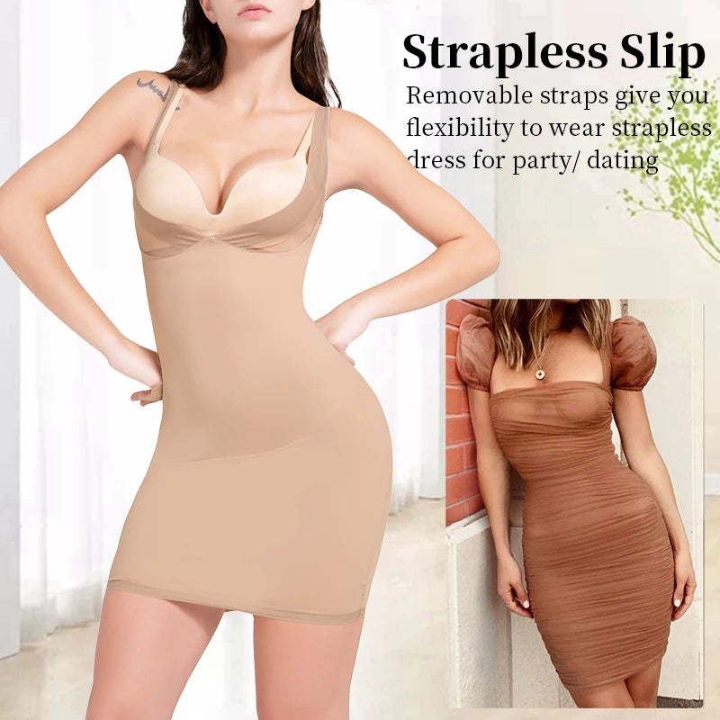 Women's Full Slip Adjustable Spaghetti Strap Camis Mini Dress Deep V Neck Underbust Push Up Breast Underdress Smooth Body Shaper