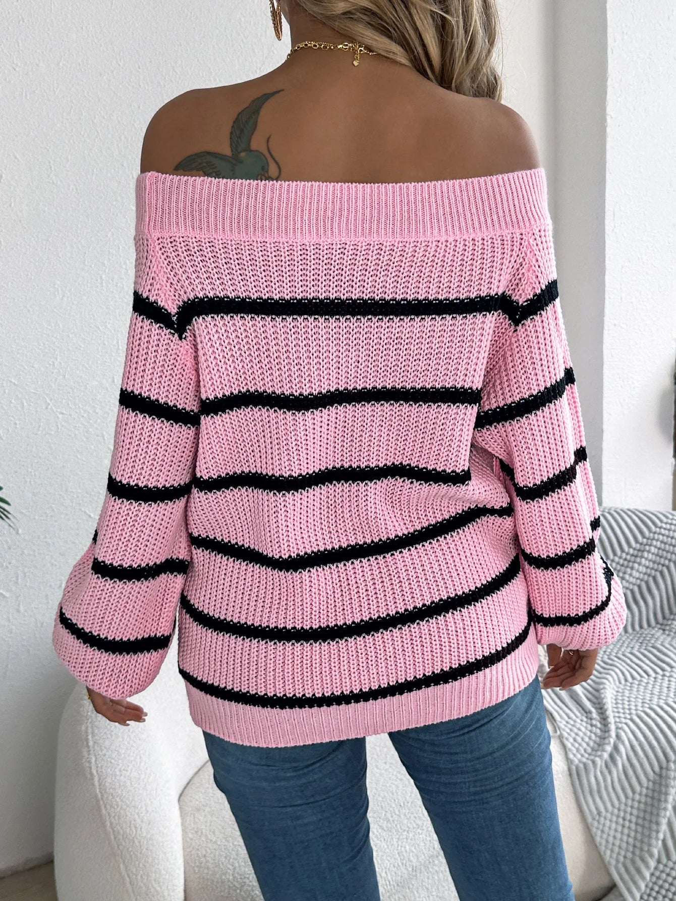 Womens Autumn Winter Off The Shoulder Knit Sweater Color Block Striped Lantern Sleeve Pullover Sweaters Knitted Jumper Tops