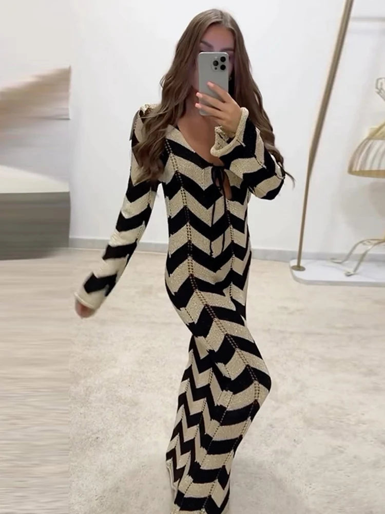 Striped Knitted Women Dresses Long Sleeve Lace Up Maxi Beach Dress For  Woman Slim Knitting Hollow Out Square Neck Robes