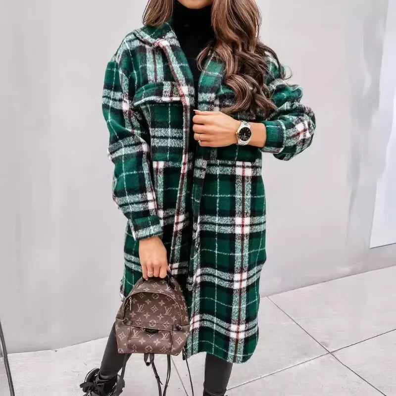 Medium and Long Woolen Coat Jackets Spring and Autumn Shirt Wool Coats Women's Plaid Polished Long Sleeve Pockets Blends Outwear