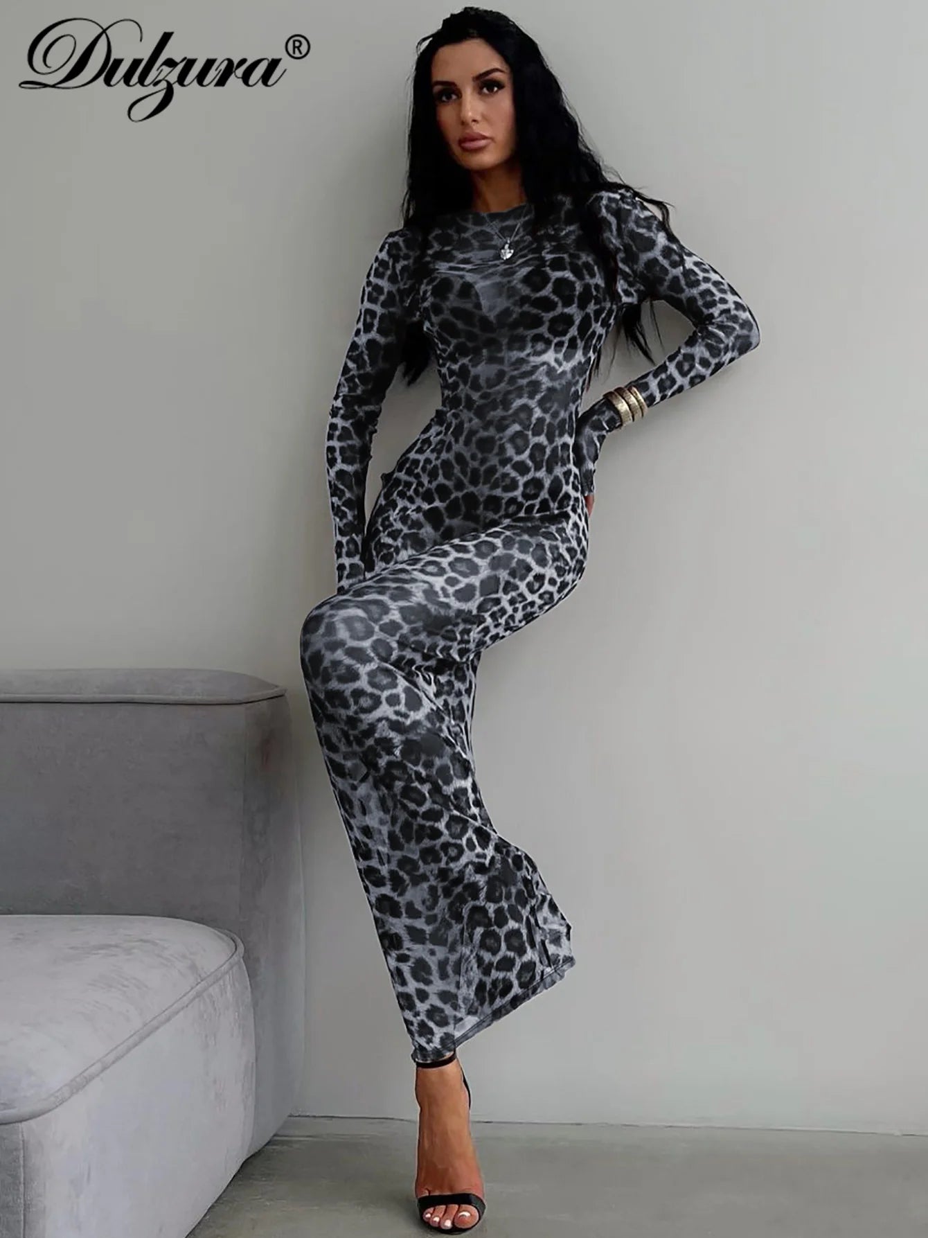 Dulzura 2024 Sexy Elegant Maxi Dress Printed Leopard Long Sleeve Dresses Women Clothes Y2K Lady Party Club Streetwear Holiday