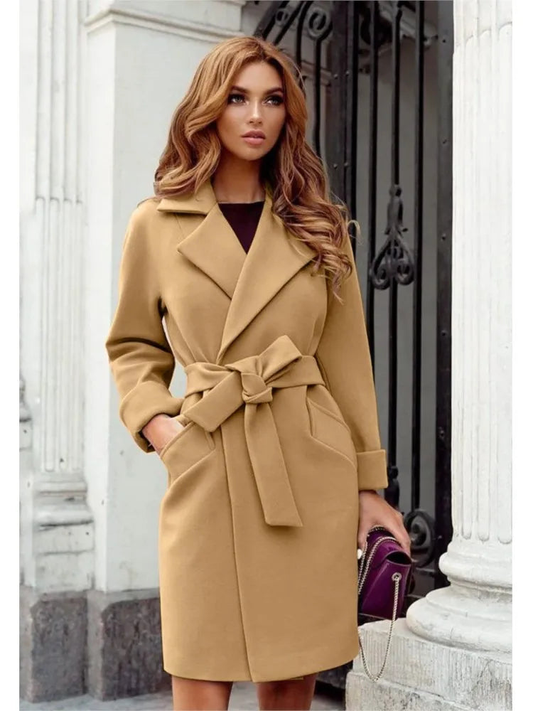 Temperament Elegant Slim Woolen Coat Women Fashion Solid Color Lapel Leace-up Bodycon Midi Woolen Coats Female Autumn Winter New