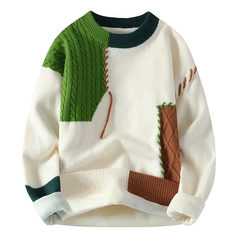 Men's Winter Casual Unique Design Color Blocking Sweater Knitted Top Fleece-lined Thickened Warm Woolen Coat