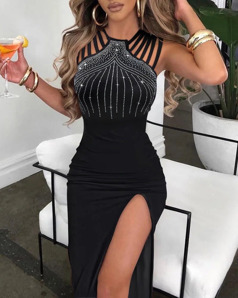 Women Dress Long Dresses Party Bodycon Sexy Slim Hot Drilling Sleeveless Sheath Solid Tight Waist Elegant Splice Vestidos Summer