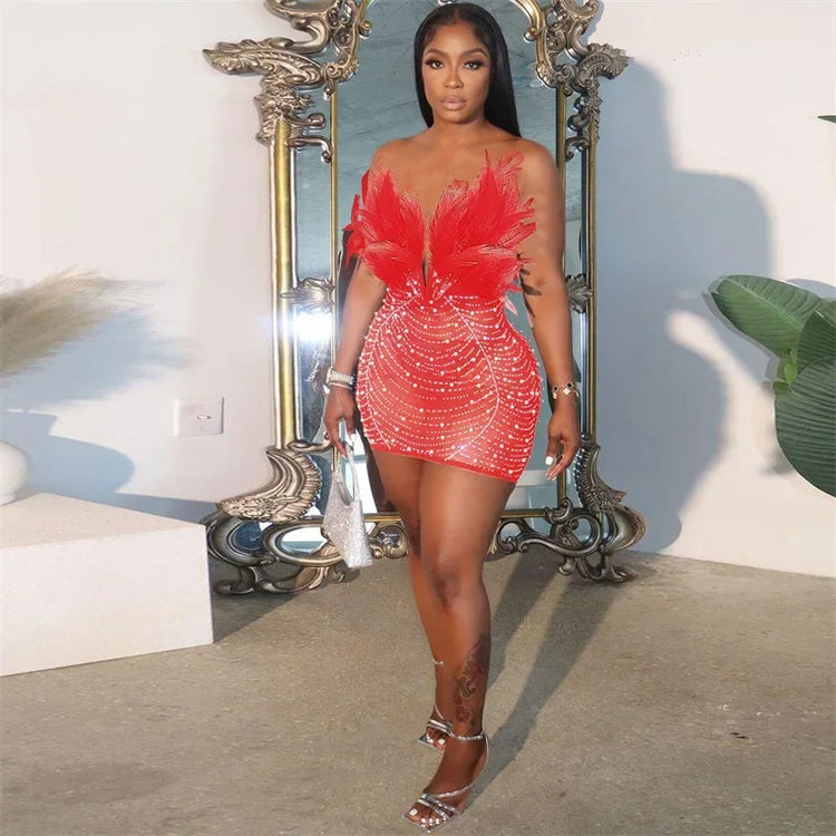 Sexy Club Party Night Feathers Rhinestones Birthday Dresses for Woman Elegant Backless Diamond Sheer Mesh Bodycon Dress Vestidos - MyEmpired