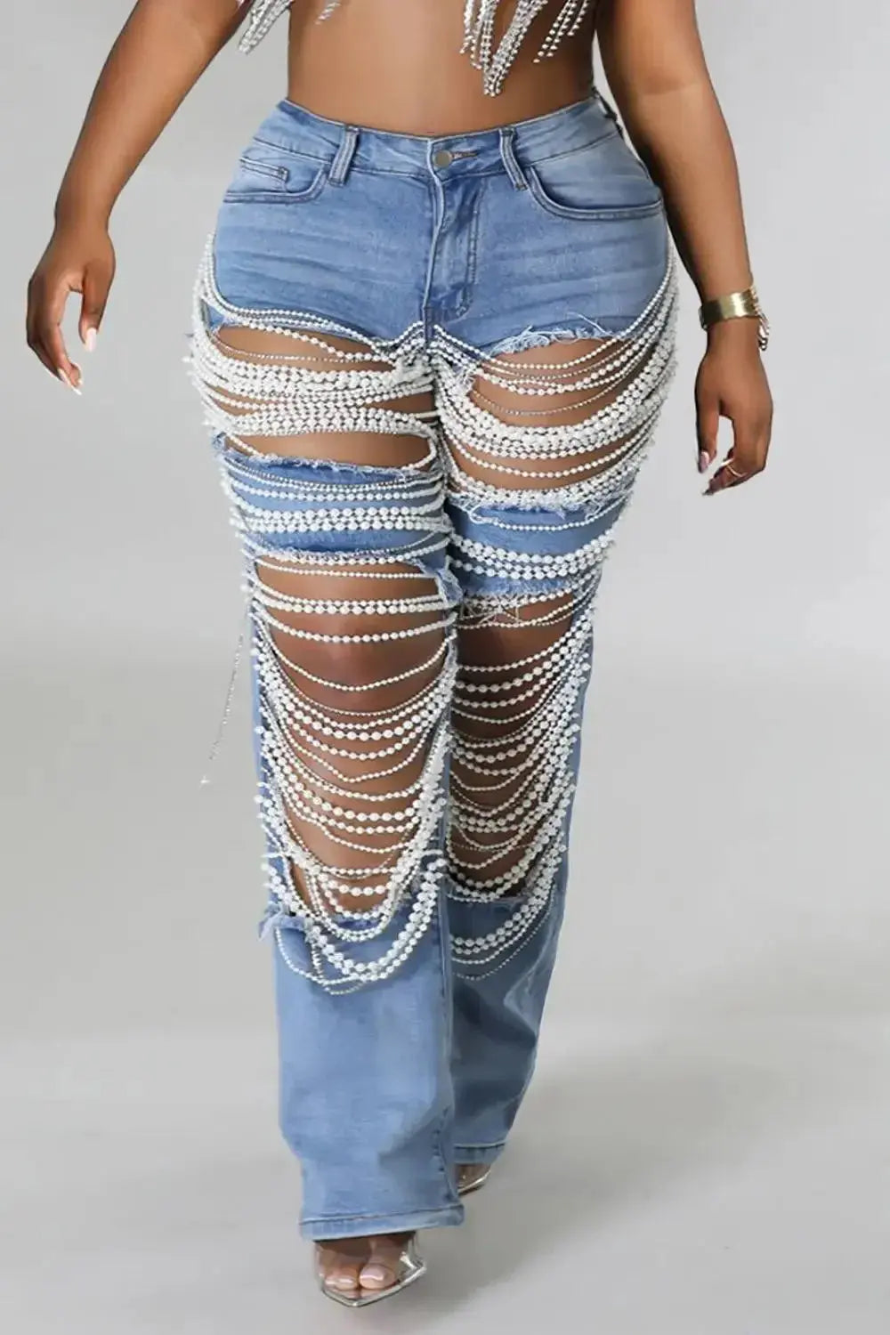 Women Plus Size Pearls Jeans Casual Vintage Cutout High Waist Y2K Streetwear Pearls Denim Jeans Pockets Slim Denim Trousers - MyEmpired