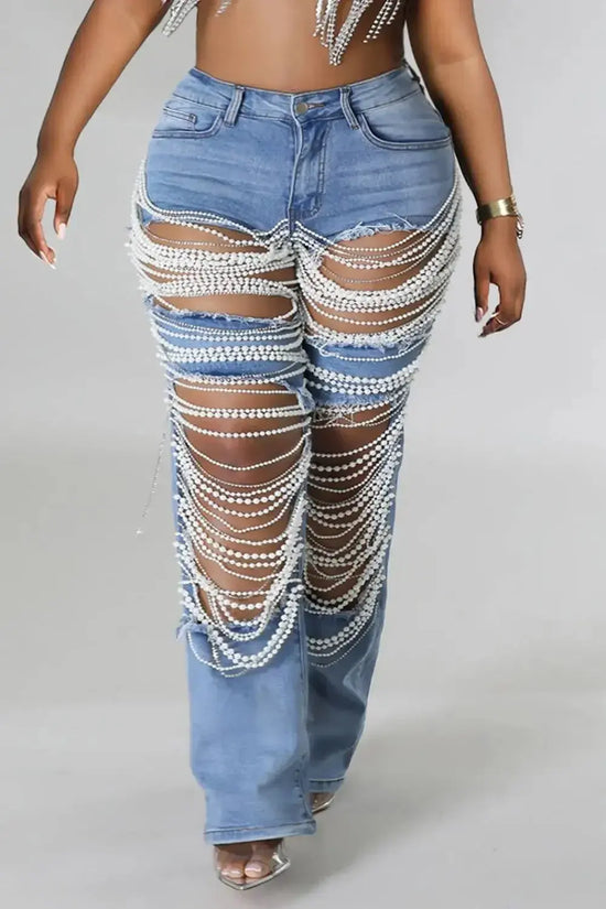 Women Plus Size Pearls Jeans Casual Vintage Cutout High Waist Y2K Streetwear Pearls Denim Jeans Pockets Slim Denim Trousers - MyEmpired