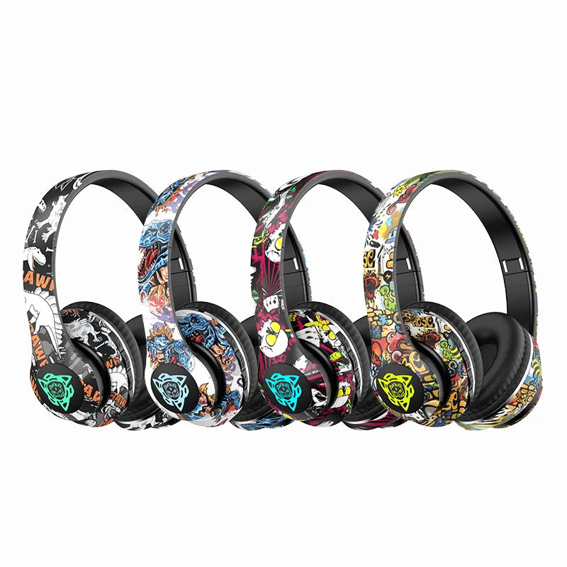 LED Graffiti Foldable Wireless Bluetooth Headphones Noise Canceling Super Bass Headsets Gamer Earphones Support TF With HD Mic