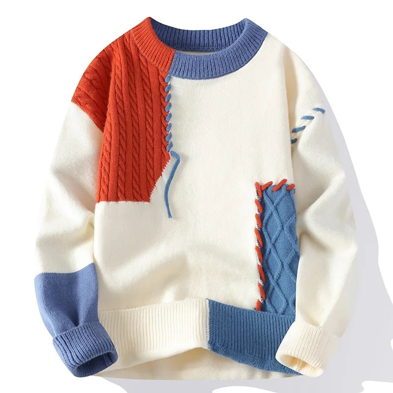 2024 New Men's Fashion Plush Contrasting Sweater Boys' Teen Crew Neck Casual Knitted Bottom Shirt