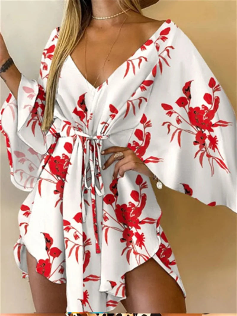 Women Print Dress Sexy V-Neck Bat Sleeve Ruffl Flowers Print Bohemian Beach Sundress Ladies Loose Summer Vacation Mini Dresses