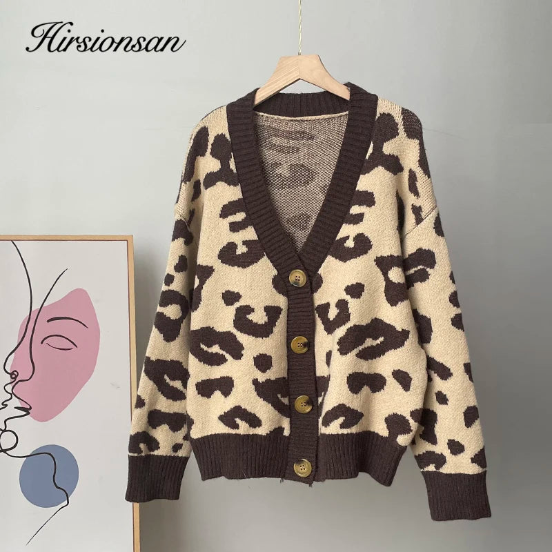 Hirsionsan Soft Knitted Leopard Cardigan Women 2023 Autumn New V Neck Y2k Crop Female Sweater Oversized Warm Ladies Clothes