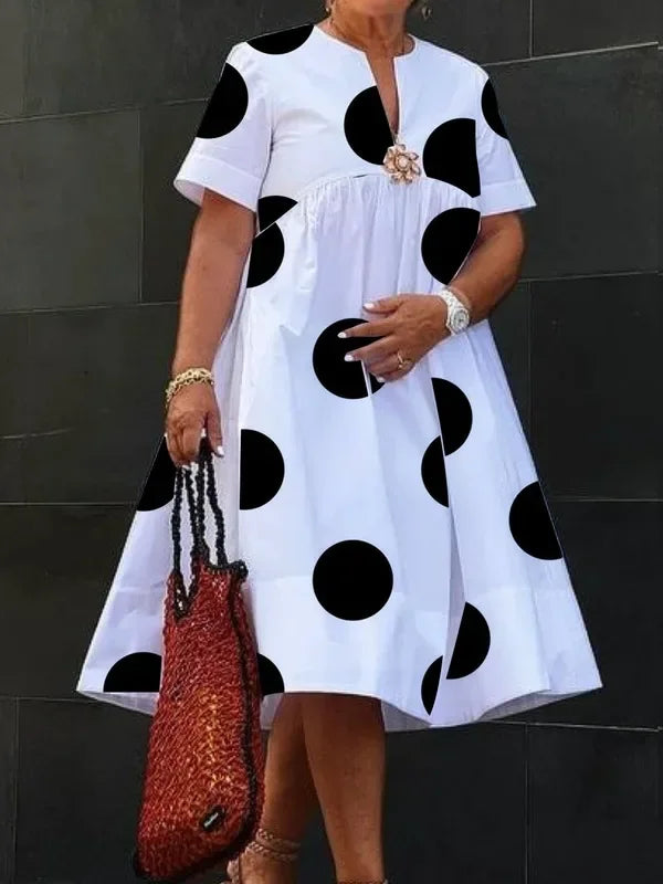 Modigirl Women Midi Shirts Dress 2025 Summer Short Sleeves Black and White Polka Dot Daily Casual Simple Female A-line Dresses