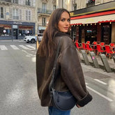 TRAF Woman Thick Faux Leather Jackets for Women Coat Autumn Winter Warm Wool Blends Coats Demi-season Plush Jacket Outerwear - MyEmpired