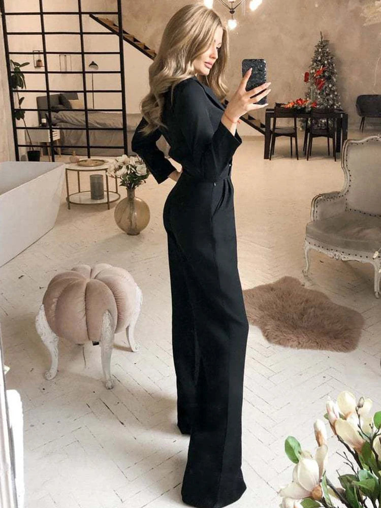 Drauuing Long Sleeve Summer Jumpsuit Women V Neck Casual Straight Pant Jumpsuit Fashion Office Lady Jumpsuit Women Solid - MyEmpired