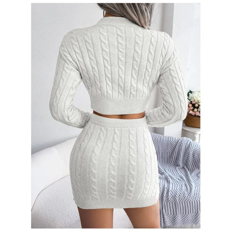 Autumn And Winter Fried Dough Twists Navel Revealing Sweater Buttock Knitting Skirt Women's Long Sleeved Top Slim Suit Skirt2024