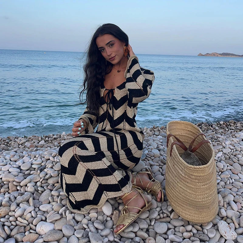 Striped Knitted Women Dresses Long Sleeve Lace Up Maxi Beach Dress For  Woman Slim Knitting Hollow Out Square Neck Robes