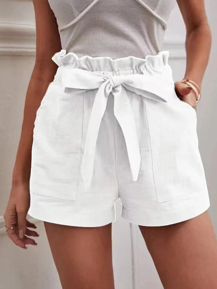 Stylish Solid Color White Shorts Women Pocket Drawstring Casual short Pants Summer Daily Pants - MyEmpired