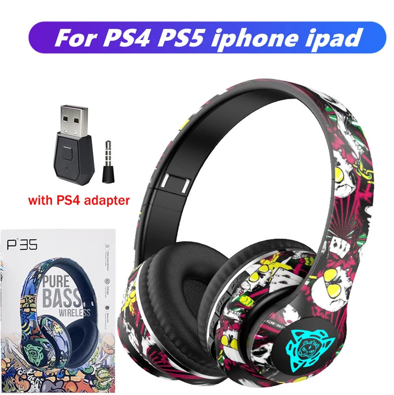 LED Graffiti Foldable Wireless Bluetooth Headphones Noise Canceling Super Bass Headsets Gamer Earphones Support TF With HD Mic