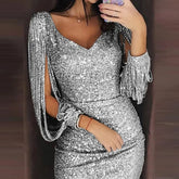 Sexy Sequin Tassel Long Sleeve Dress - MyEmpired