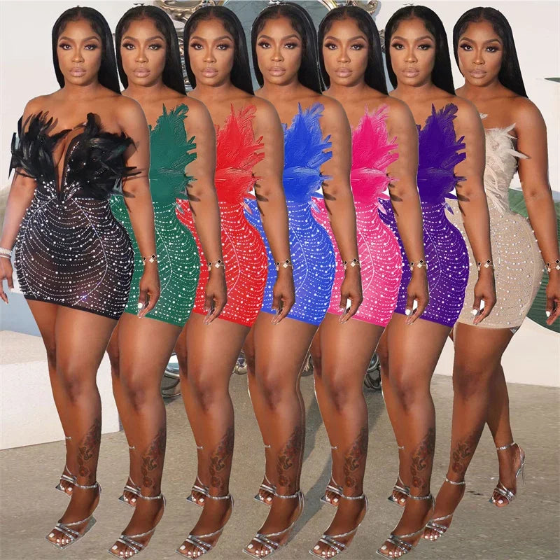 Sexy Club Party Night Feathers Rhinestones Birthday Dresses for Woman Elegant Backless Diamond Sheer Mesh Bodycon Dress Vestidos - MyEmpired