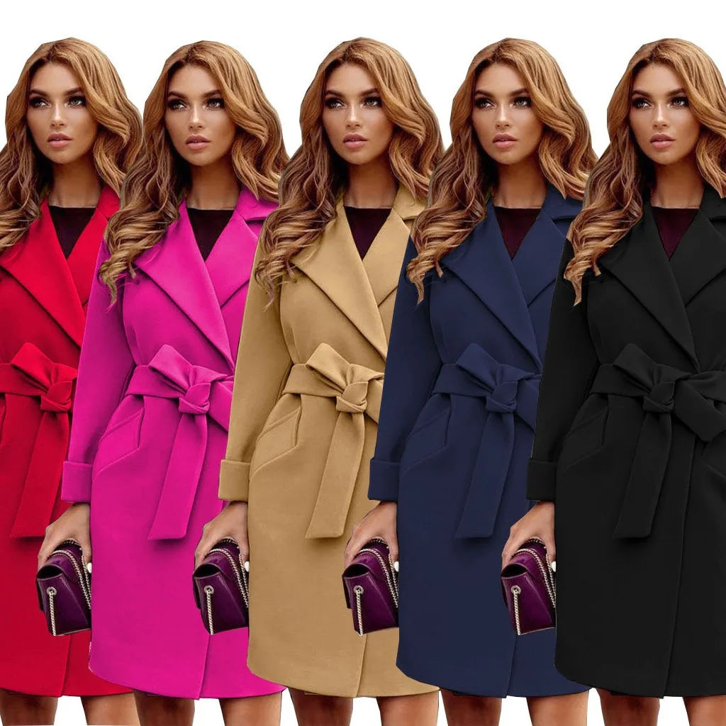 Temperament Elegant Slim Woolen Coat Women Fashion Solid Color Lapel Leace-up Bodycon Midi Woolen Coats Female Autumn Winter New